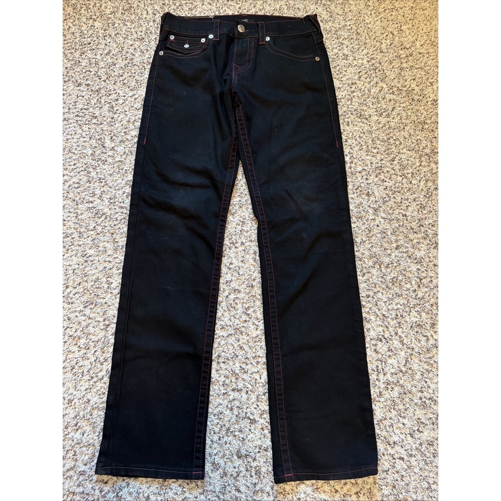 True Religion Ricky Mens Black Jeans Sz 30x 33 Relaxed Straight Fit Red Stitches